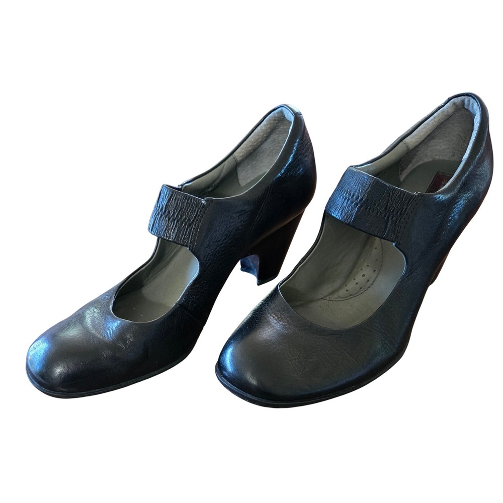 Barn Crown Womens Black Leather Mary Jane Heels Block Heel Comfort Pumps Size 8